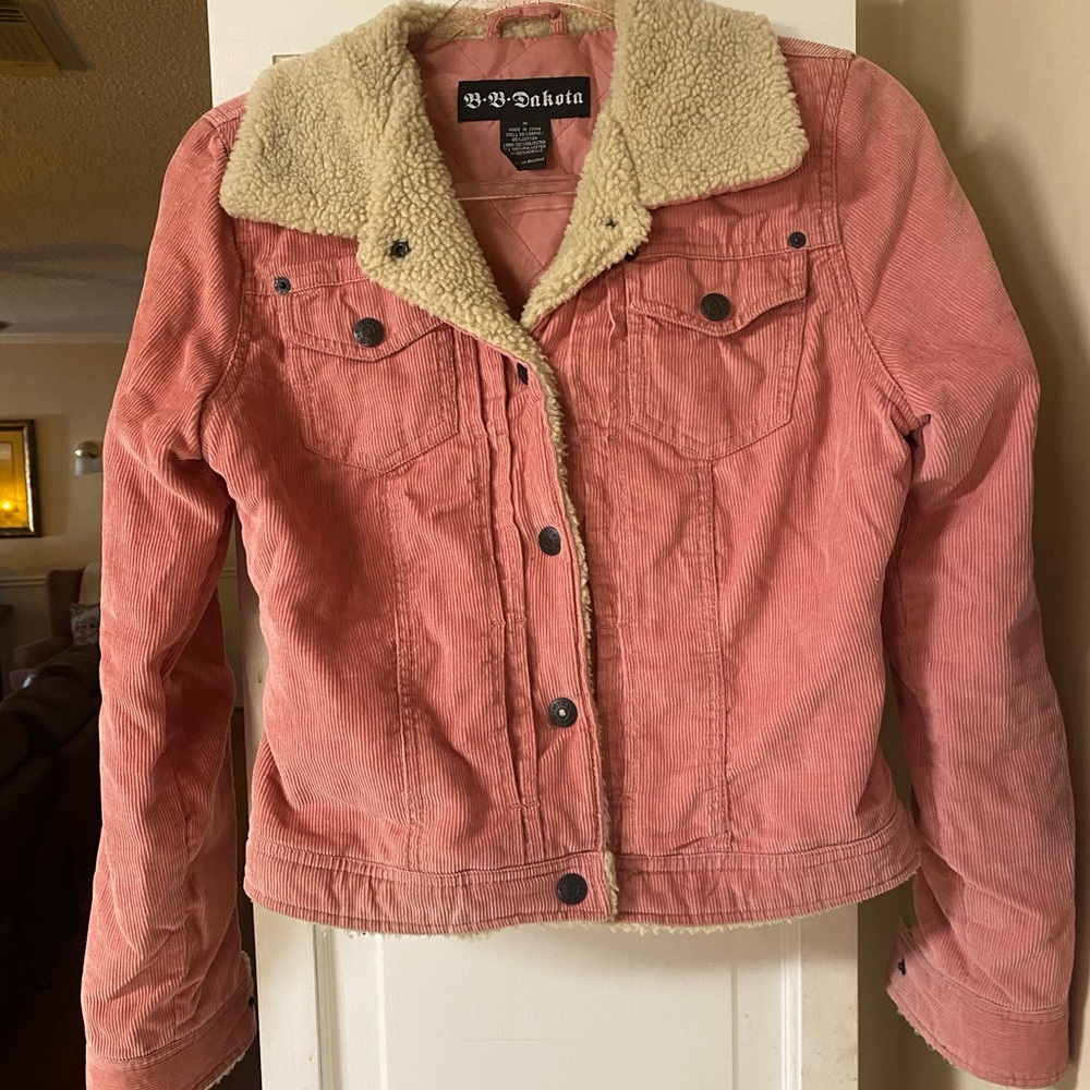 BB Dakota Women's Pink Corduroy Jacket with Cream Sherpa Collar, Medium